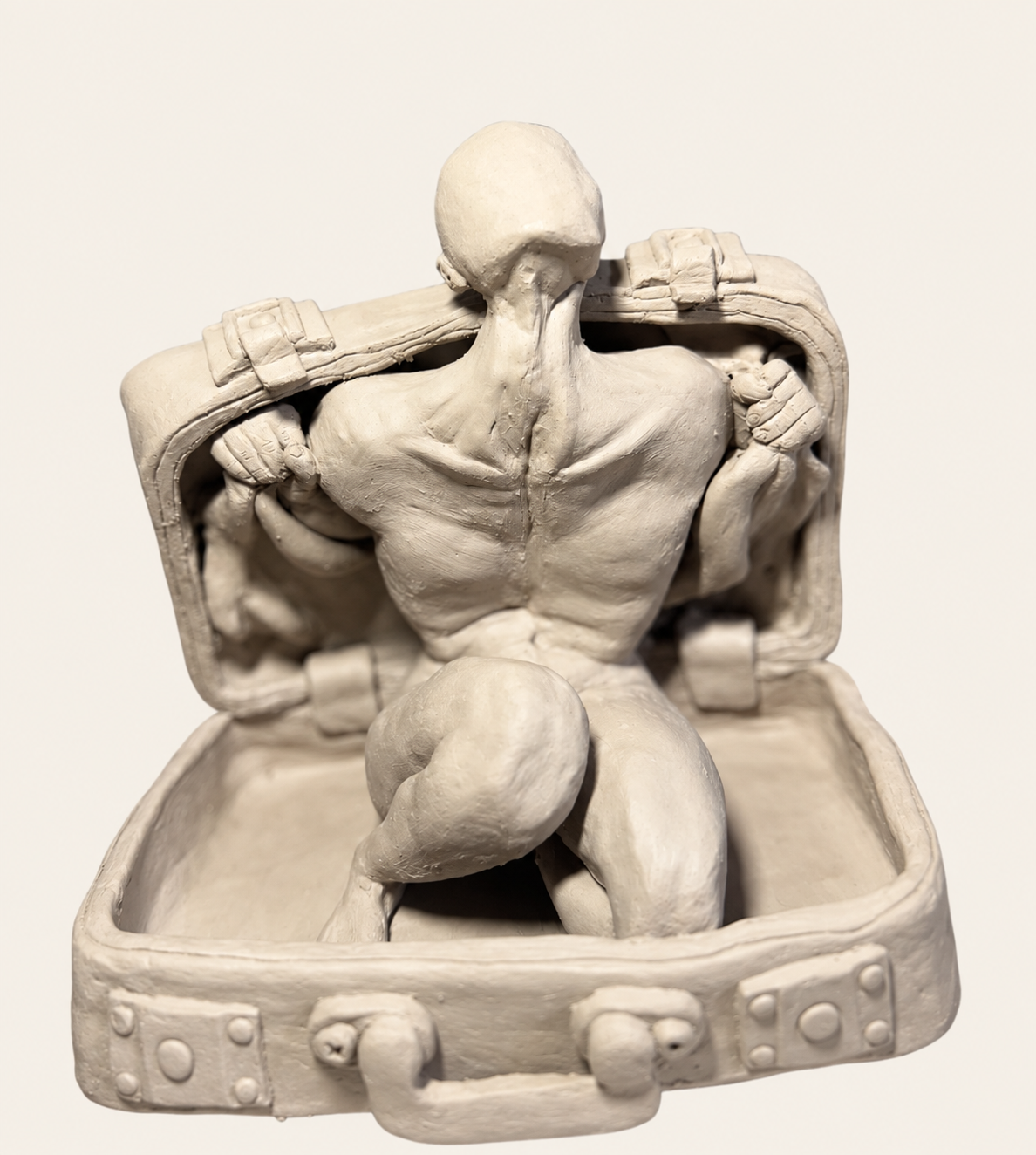 Il viaggio: scultura di una figura umana che emerge da una valigia aperta